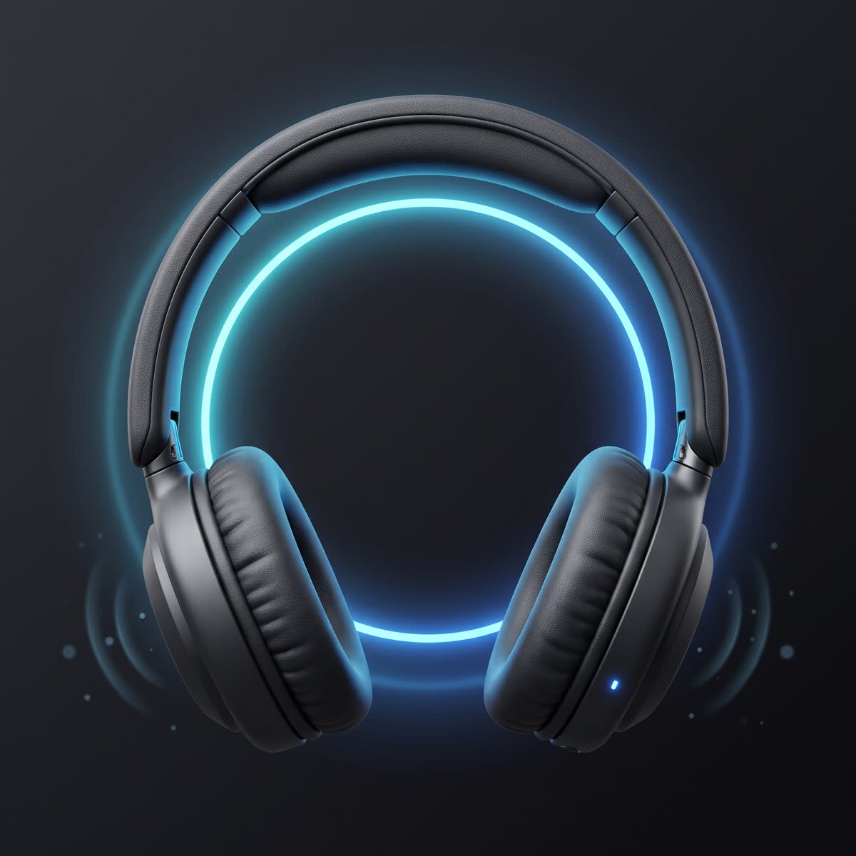 Over-ear headphones framed by a ring of cyan light